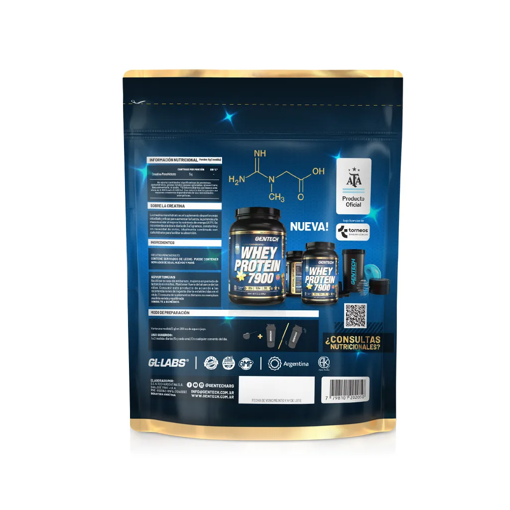 Creatina Monohidrato Gentech 250 G - vista trasera del envase | GenTech AFA